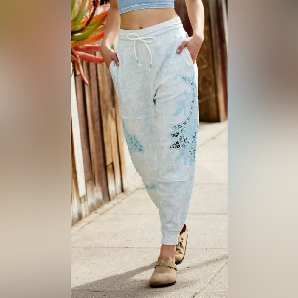 NWT Free People Movement S Sweatpants Sun and Done Lace Crochet Blue #68